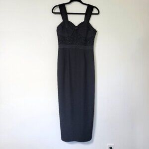 Vintage 90s Night Studio New York Black Beaded Bodice Cocktail Midi Dress